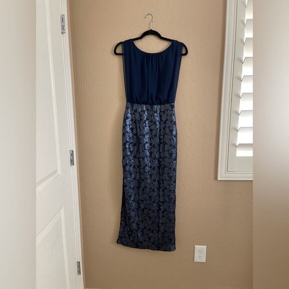 New Aidan Mattox Blouson Navy Sequin High Slit Maxi Dress Gown 0 - Picture 7 of 9